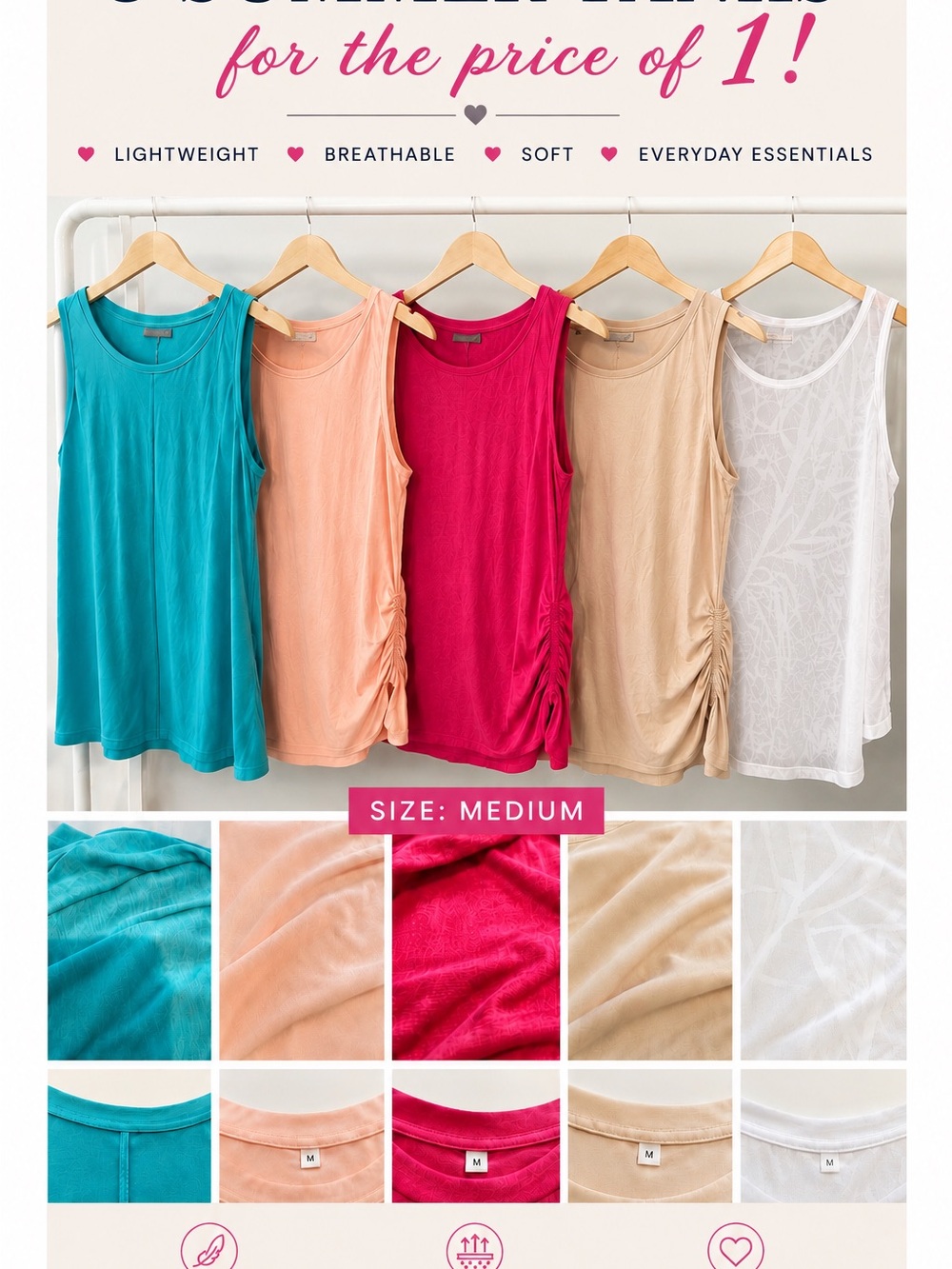 Women’s Ruched Side Tank Top - Teal, Peach, Raspberry, Beige, White